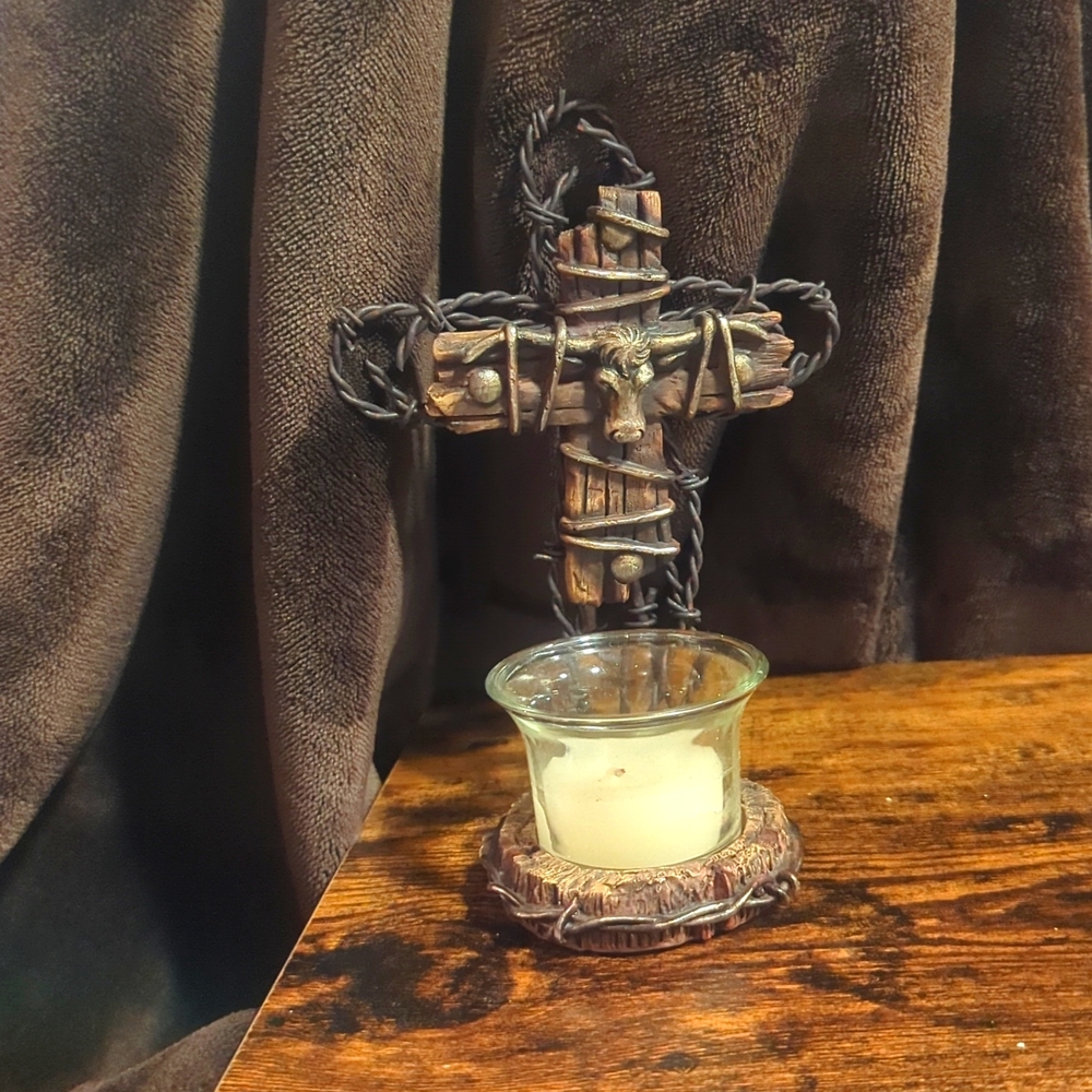Old Wooden Cross with glass candle holder for votive